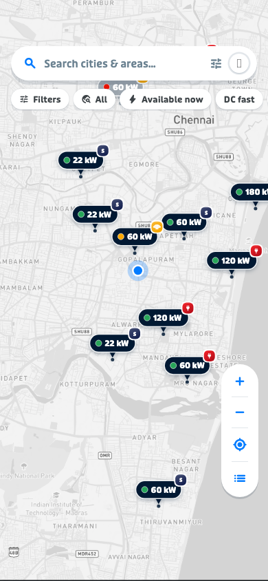 Wattway home — live EV charger map of Chennai with availability pills